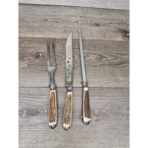 Solingen Germany Stainless Stag Antler Handle Carving Knife Serving Fork~3 Pc